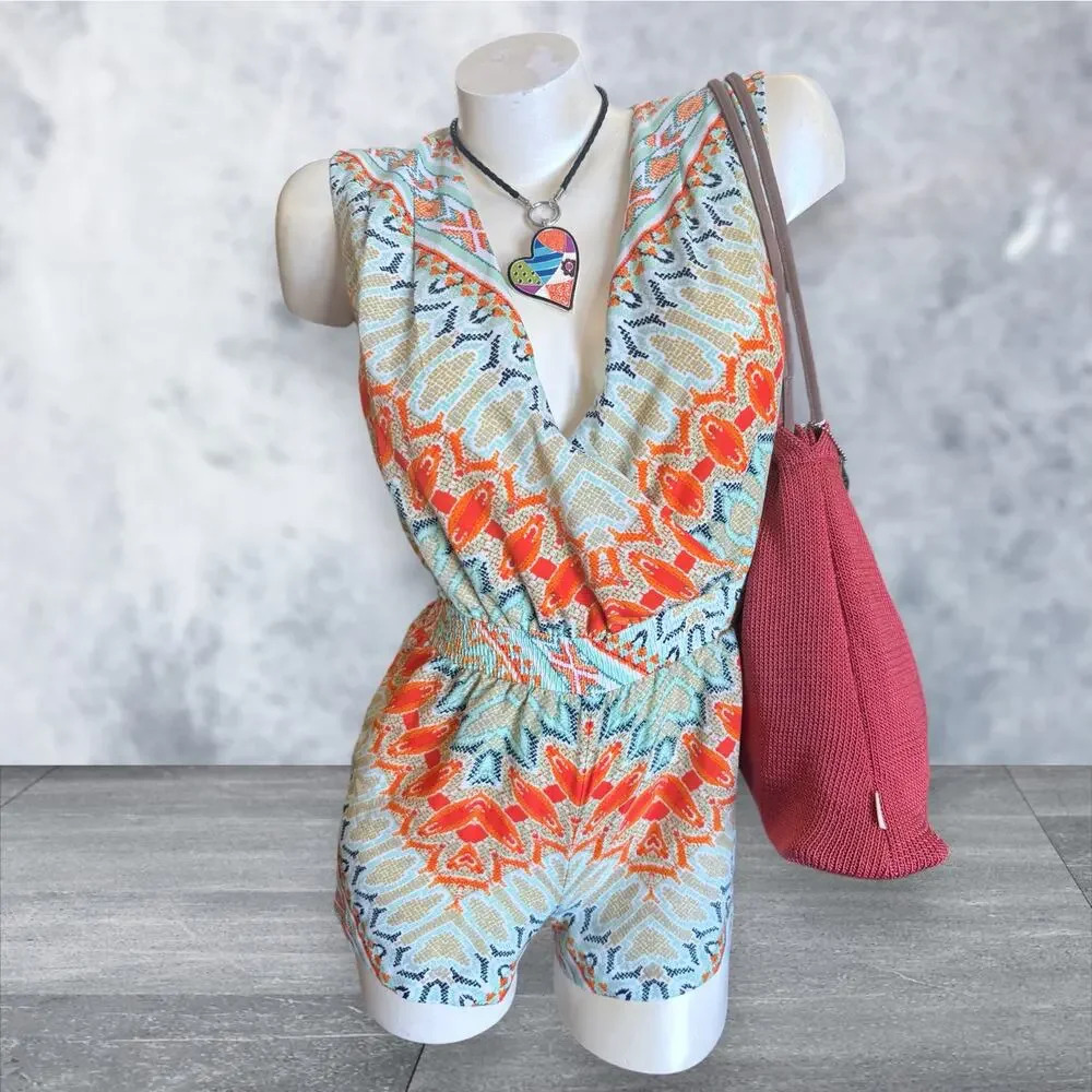 Bebe Y2k Colorful Abstract Boho Summer Romper, Si… - image 1